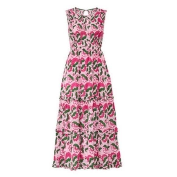 Banjanan Isha pink and green lotus maxi dress with smocking - Picture 1 of 9